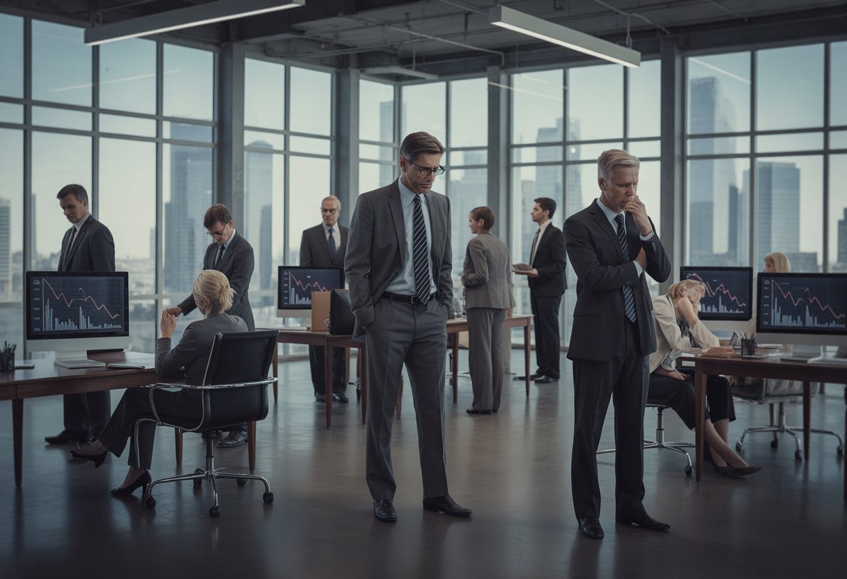 Eine Gruppe von Geschäftsleuten in einem Büro, die besorgt und nachdenklich wirken, während sie Finanzdokumente betrachten.