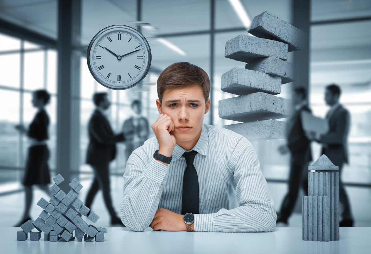 Ein junger Erwachsener sitzt nachdenklich an einem modernen Schreibtisch in einem Büro, umgeben von Symbolen für Unsicherheit und Instabilität.