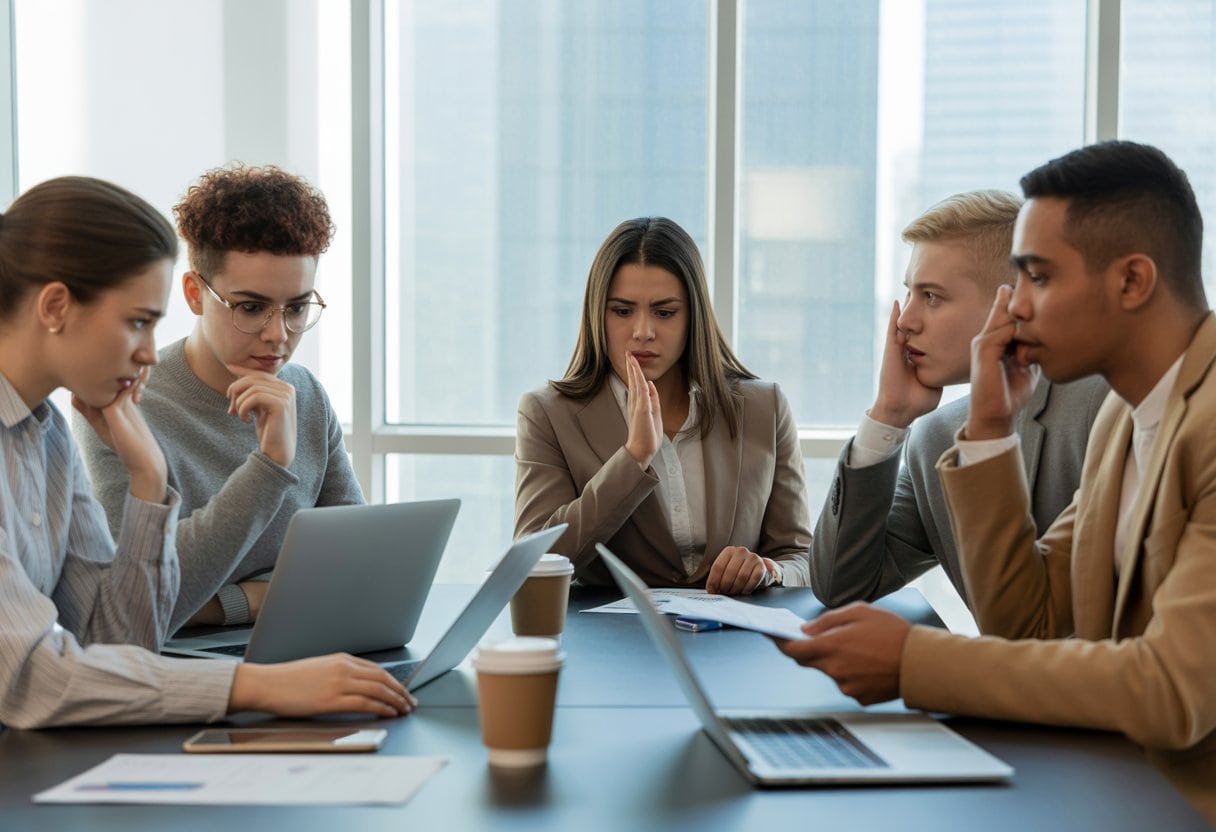 Eine Gruppe junger Erwachsener sitzt in einem modernen Büro, schaut besorgt und diskutiert Dokumente über Jobsicherheit.