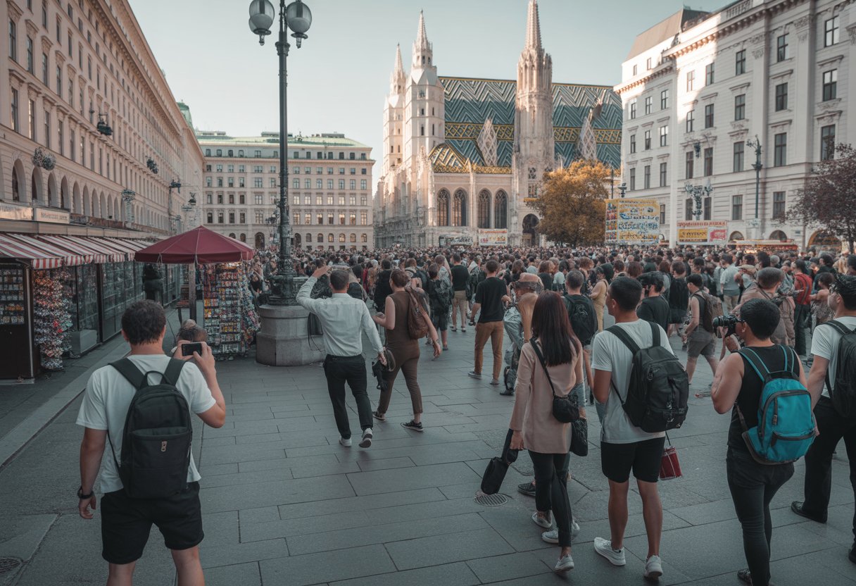 Überfüllter Platz in Wien mit vielen Touristen vor historischen Gebäuden und Souvenirständen.