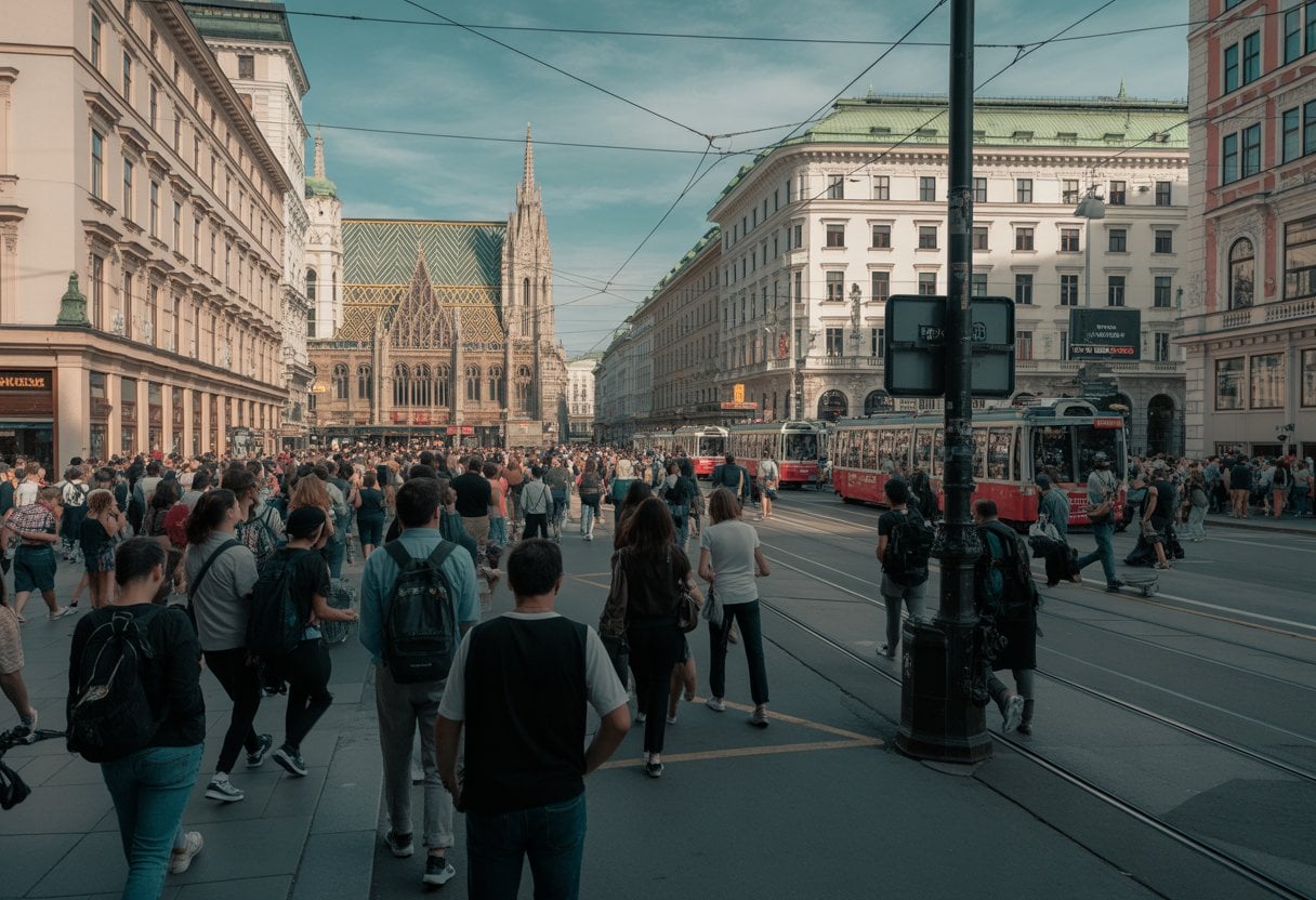 Belebte Straße in Wien mit vielen Touristen vor historischen Gebäuden und St.-Stephans-Dom.
