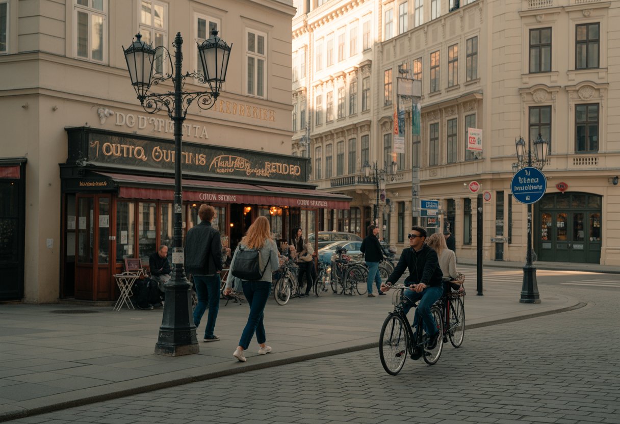 Eine Straßenszene in Wien mit historischen Gebäuden, Kopfsteinpflaster und Menschen, die im Freien eines Cafés sitzen und spazieren gehen.