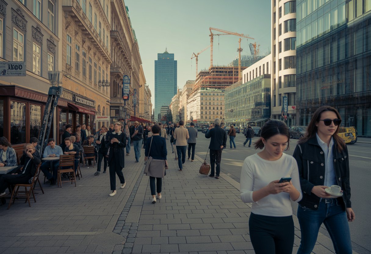 Straßenszene in Wien mit historischen Gebäuden, modernen Baustellen und Menschen, die durch die Stadt gehen.