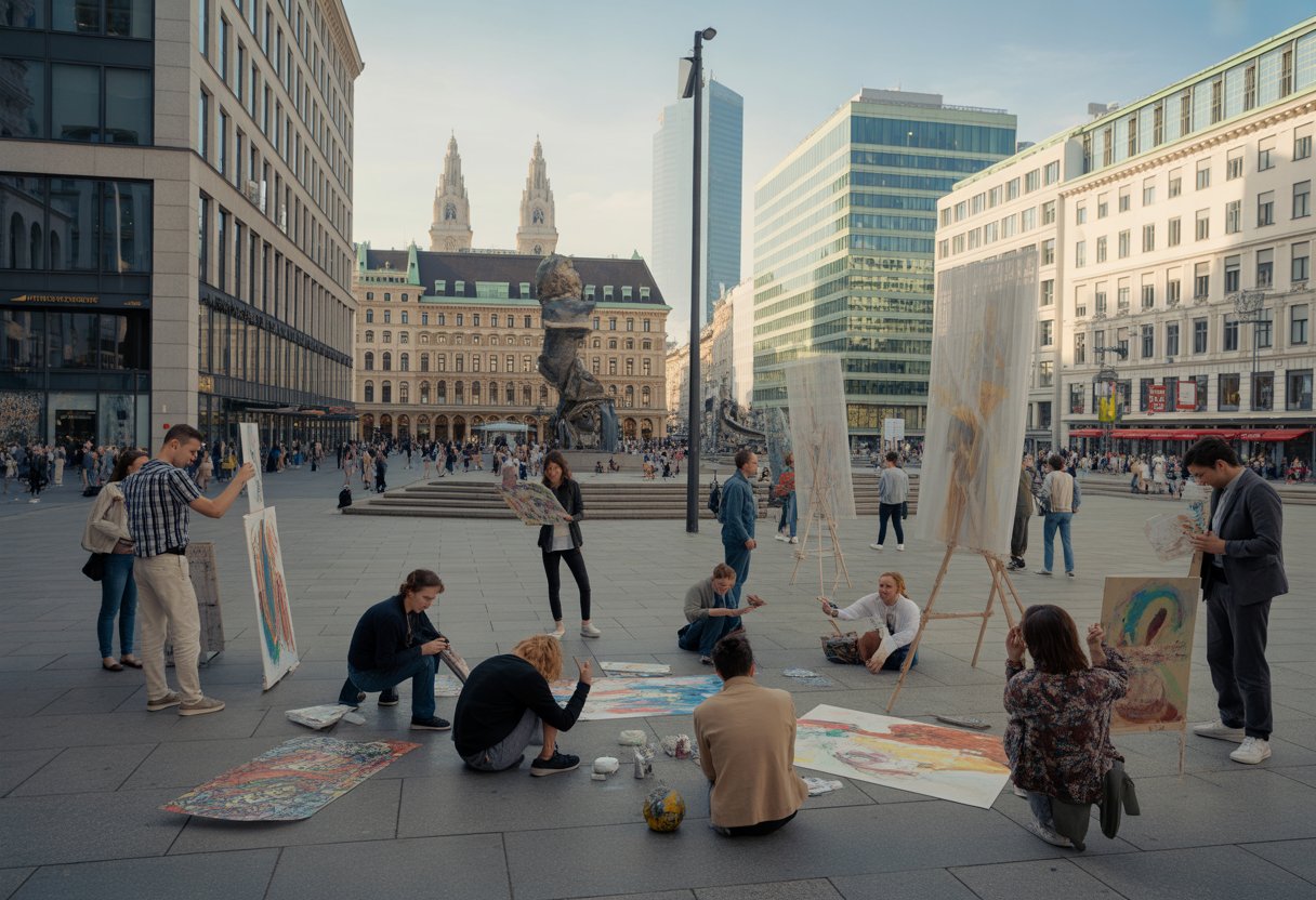Menschen in einem belebten Wiener Stadtplatz, die gemeinsam Kunst schaffen und sich austauschen, mit historischen Gebäuden im Hintergrund.