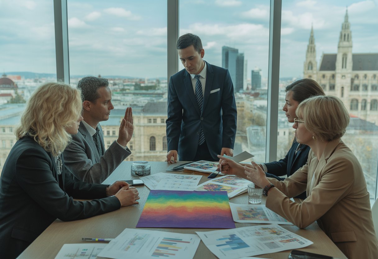 Ein Team von Fachleuten sitzt an einem Tisch mit Kunstprojekten und Budgetunterlagen, im Hintergrund ist die Wiener Stadtansicht mit bekannten Gebäuden zu sehen.