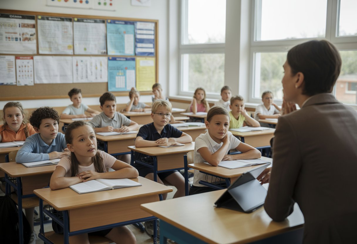 Ein überfülltes Klassenzimmer mit österreichischen Schulkindern und einer Lehrerin, die Unterricht gibt.
