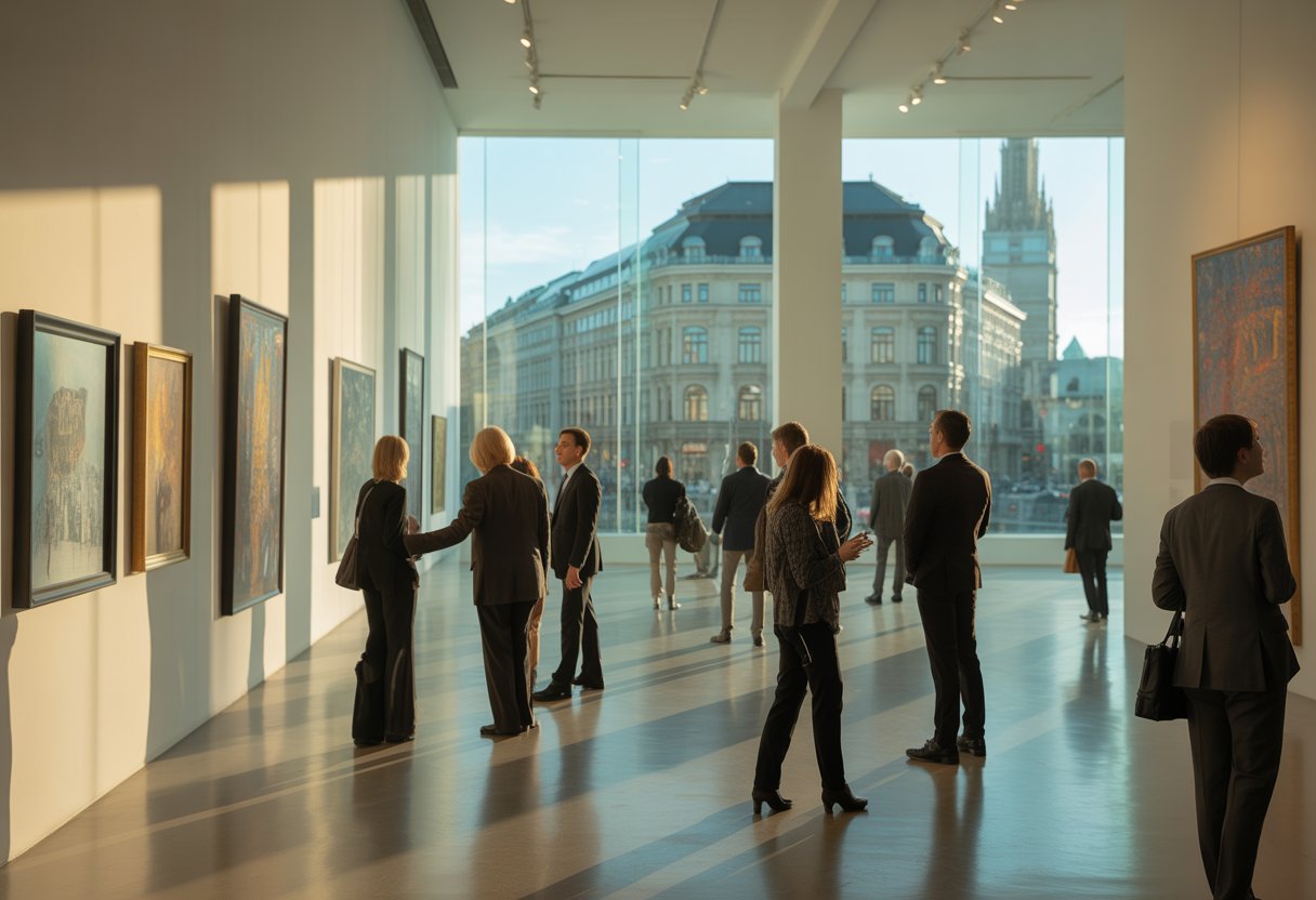 Menschen betrachten moderne Kunstwerke in einer eleganten Galerie mit Blick auf Wiens Architektur.