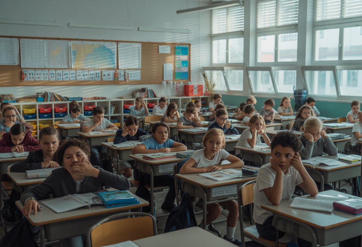 Ein überfülltes Klassenzimmer mit Schülern und einer Lehrerin, die versucht, die große Gruppe zu unterrichten.