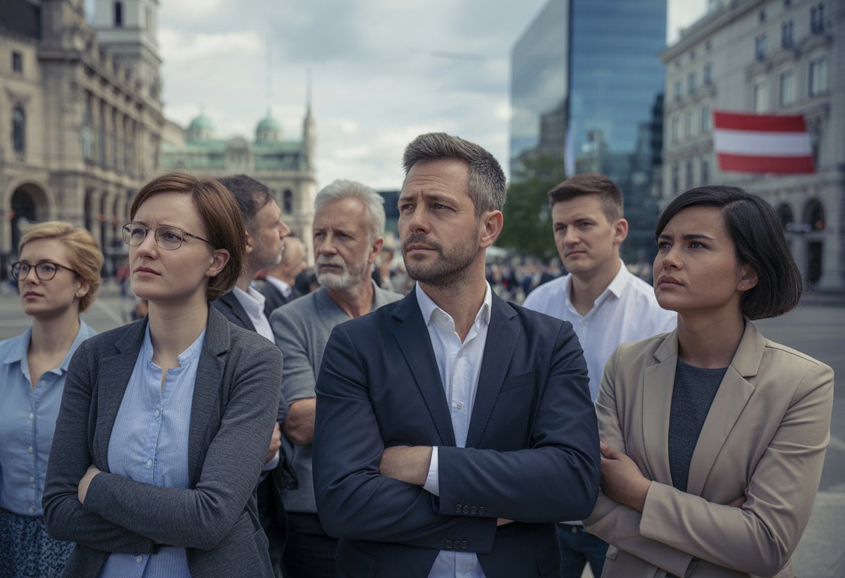 Eine Gruppe österreichischer Erwachsener steht nachdenklich auf einem Platz mit Wiener Architektur im Hintergrund.