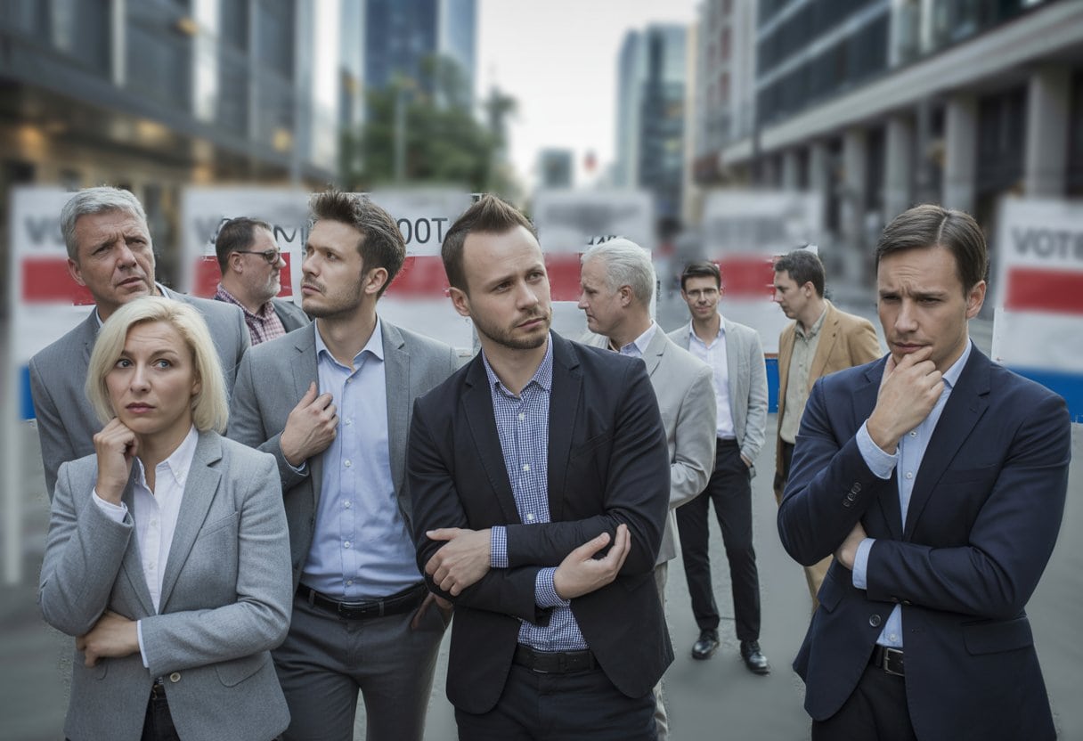 Eine Gruppe österreichischer Bürger mit besorgten und nachdenklichen Gesichtsausdrücken in einer städtischen Umgebung vor unscharfen politischen Symbolen.