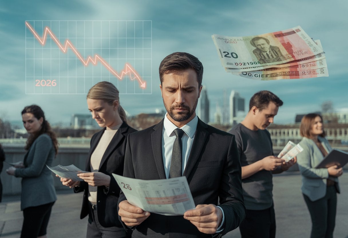 Menschen in einer österreichischen Stadt, die finanzielle Dokumente prüfen, mit einer Stadt im Hintergrund und Symbolen für wirtschaftliche Unsicherheit.