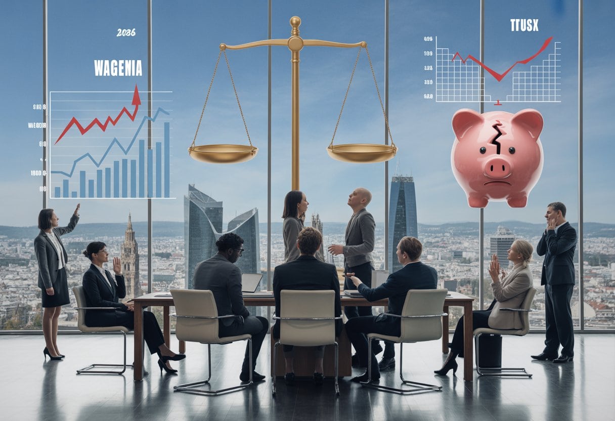 Menschen in einem modernen Büro besprechen Finanzdaten mit Diagrammen im Hintergrund, darunter eine Waage und ein zerbrochener Sparschwein, vor einer Stadtsilhouette von Wien.