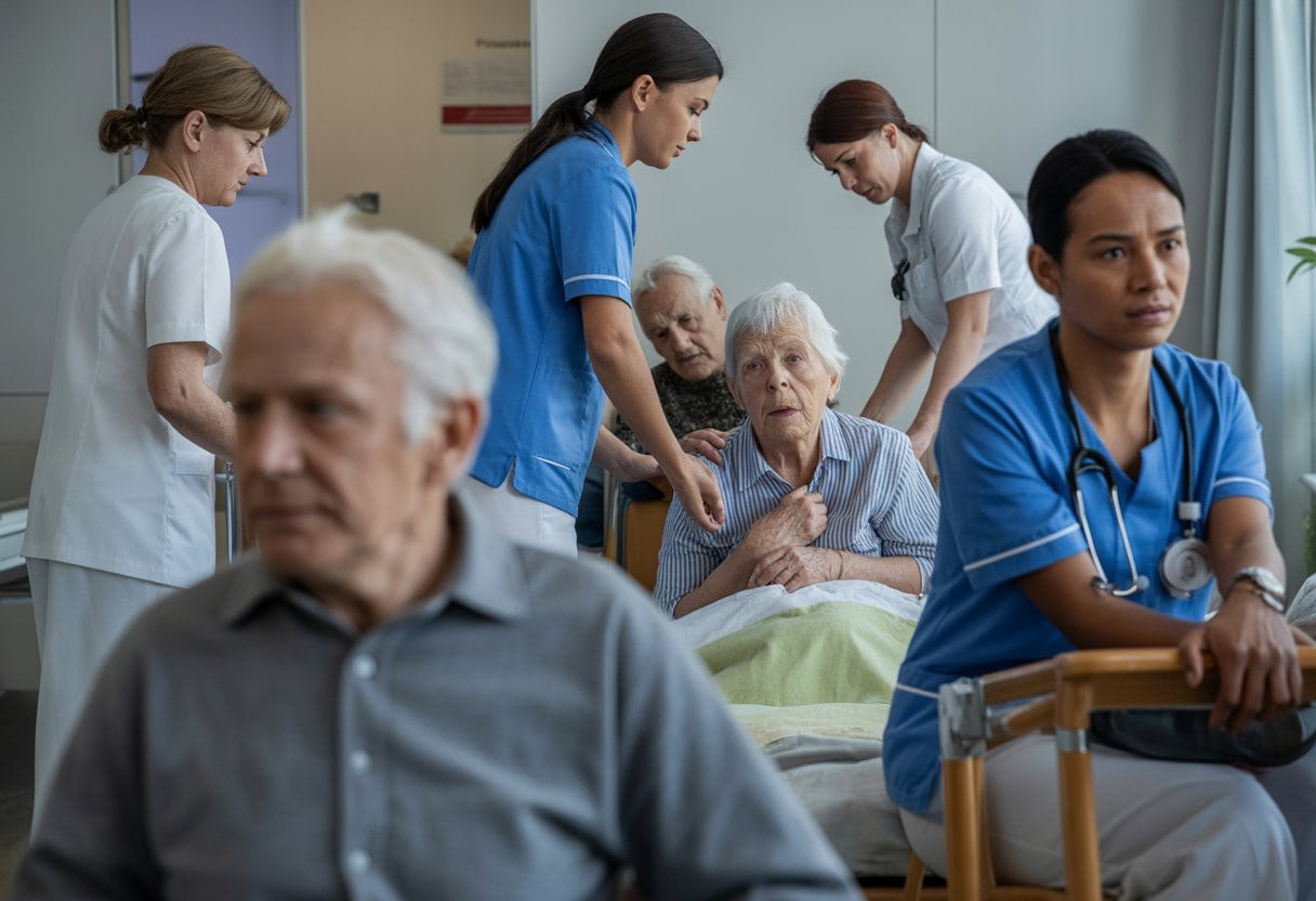 Ältere Menschen werden in einer Pflegeeinrichtung von wenigen Pflegekräften betreut, die angespannt und beschäftigt wirken.