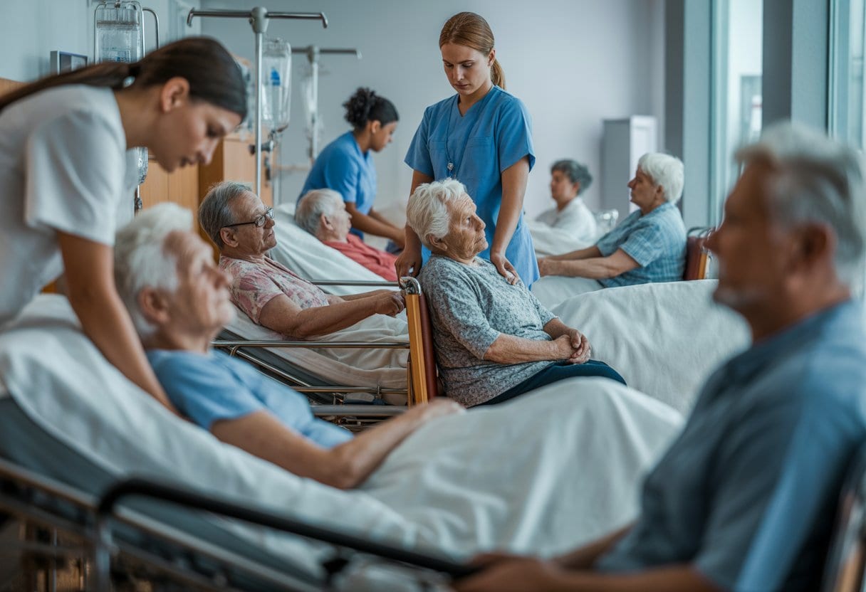 Pflegekräfte kümmern sich um mehrere ältere Patienten in einer modernen Pflegeeinrichtung.