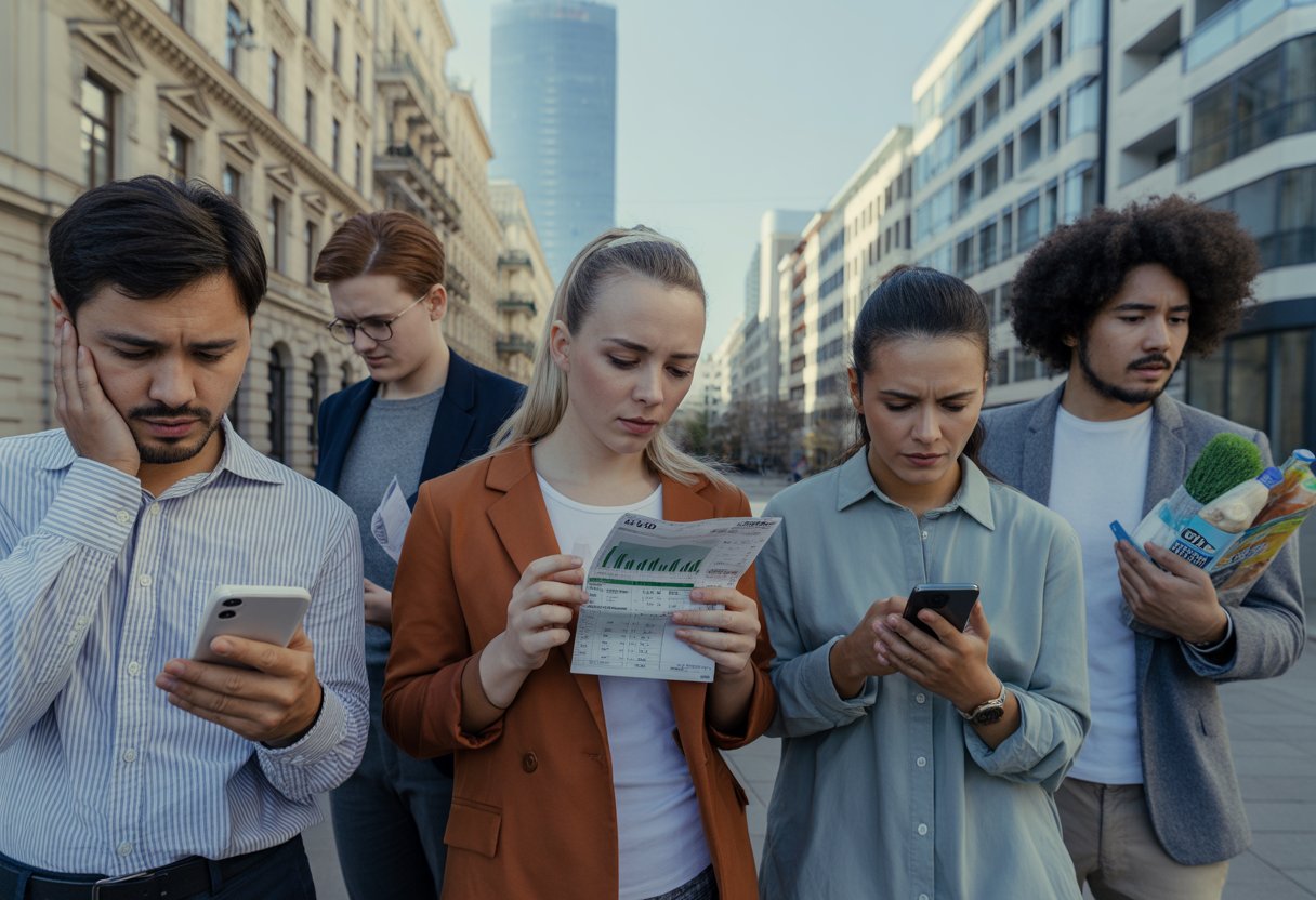 Menschen in Wien betrachten besorgt ihre Rechnungen und Smartphones vor einer Stadtkulisse mit historischen und modernen Gebäuden.