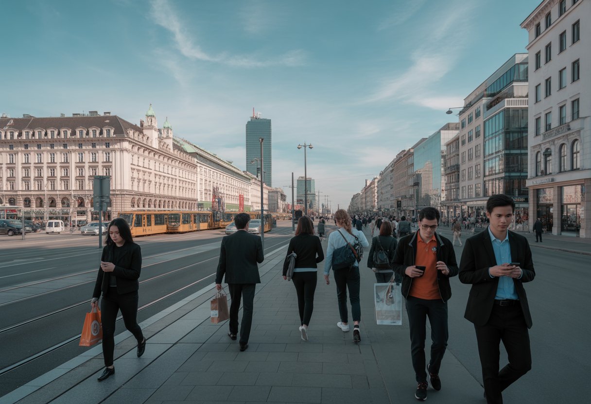 Blick auf die Stadt Wien mit Menschen auf der Straße und typischer Architektur im Hintergrund.