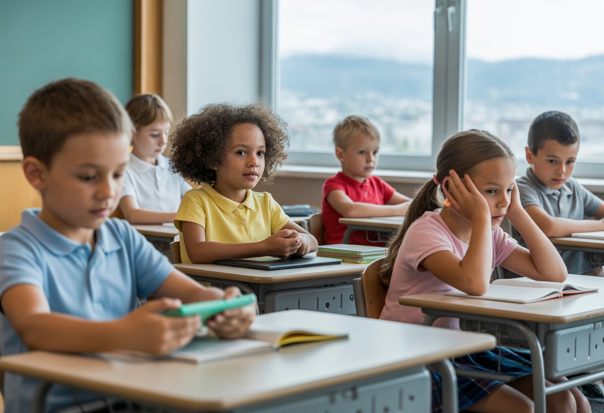 Eine Gruppe von Schulkindern in einem Klassenzimmer, die unterschiedliche Lernmaterialien nutzen und unterschiedliche Konzentrationsniveaus zeigen.
