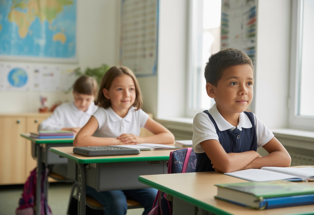 Zwei Schulkinder sitzen an Tischen in einem Klassenraum, eines wirkt selbstbewusst mit vielen Lernmaterialien, das andere weniger, mit einfacheren Materialien.