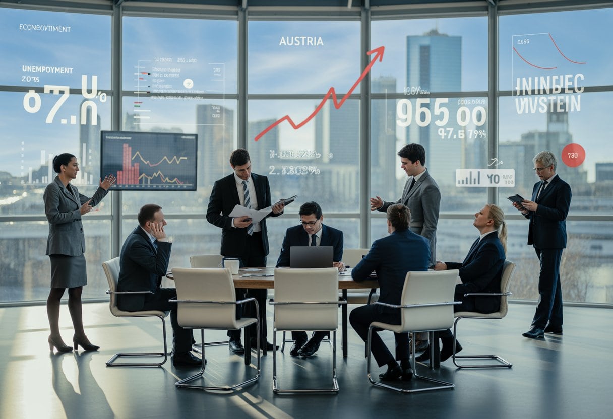 Geschäftsleute diskutieren in einem modernen Büro über wirtschaftliche Daten mit Blick auf die Stadt.