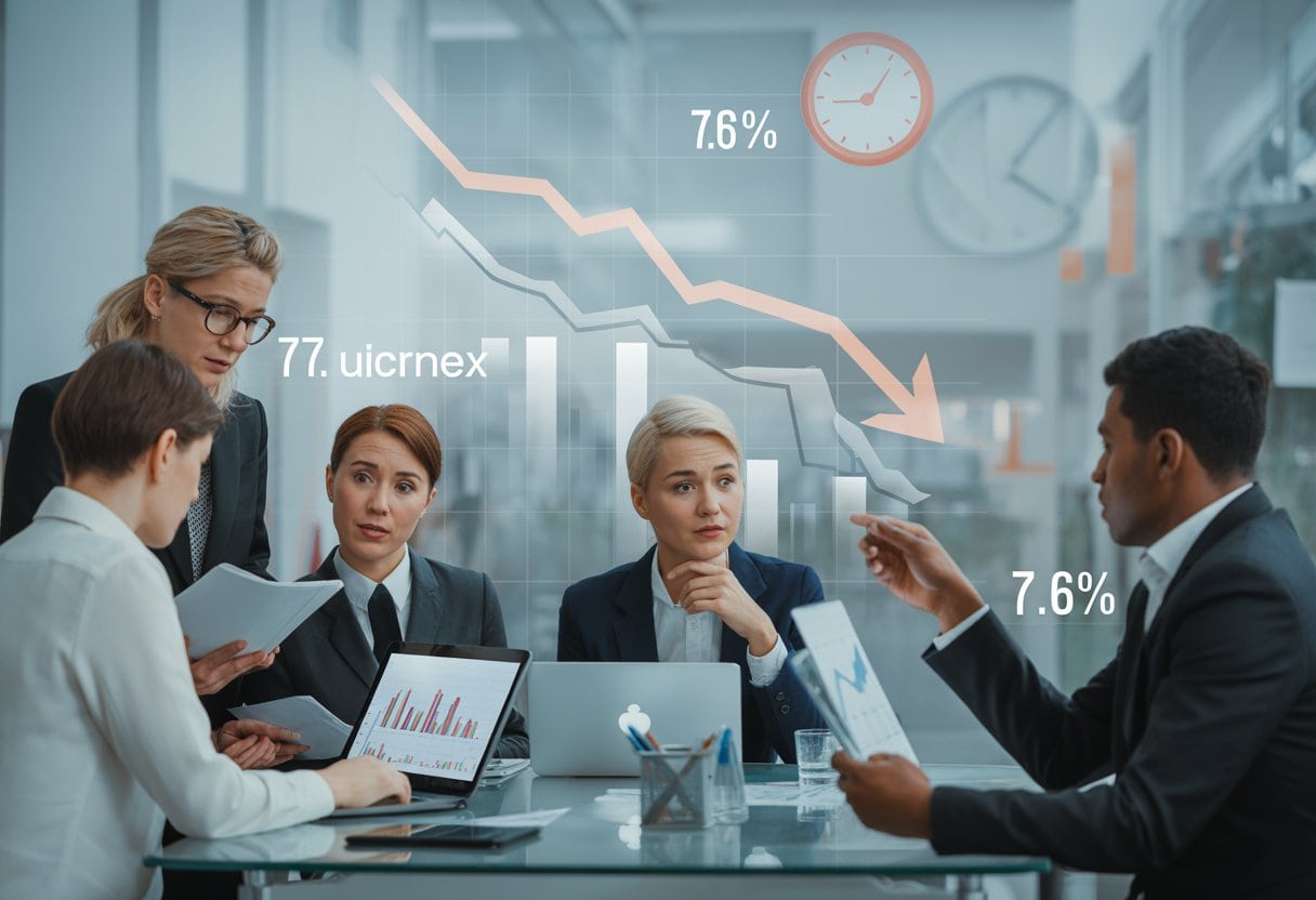 Mehrere Personen in einem modernen Büro analysieren Arbeitsmarktdaten und besprechen die hohe Arbeitslosenquote in Österreich.