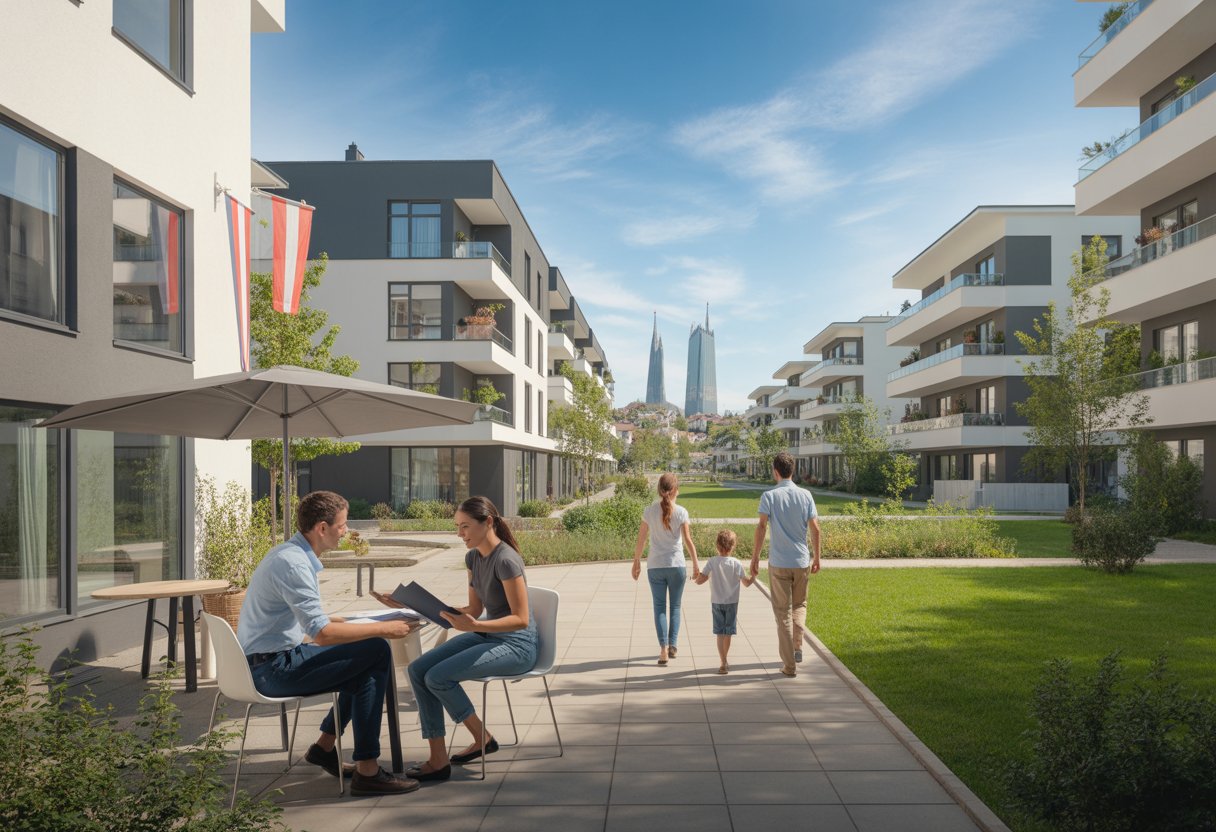 Ein Paar spricht mit einem Finanzberater draußen in einem modernen Wohngebiet in Österreich, während eine Familie zu ihrem neuen Haus geht.