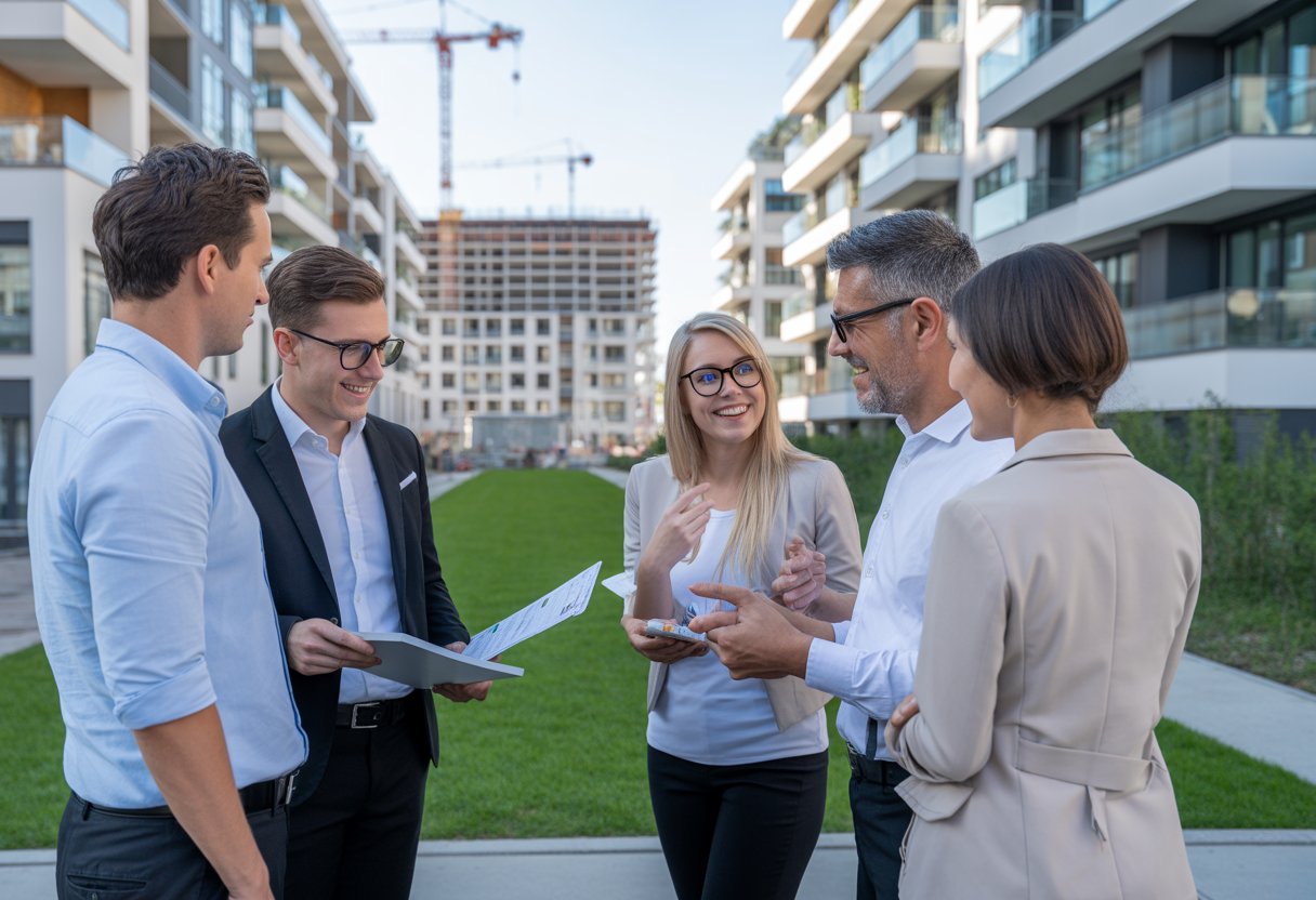 Menschen besprechen Wohnkredite im Freien vor modernen Wohngebäuden in einer österreichischen Stadt.