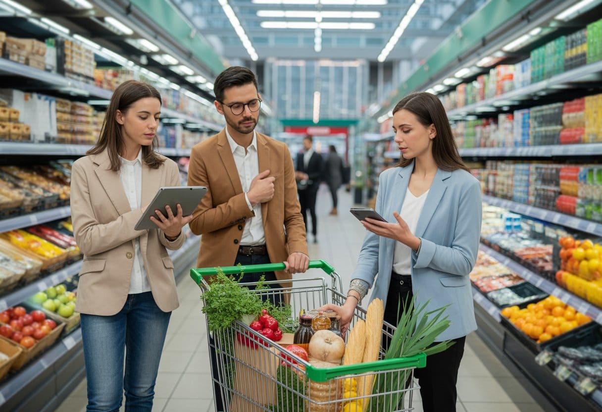 Menschen vergleichen in einem österreichischen Supermarkt Waren und Preise, während sie ihren Einkauf planen.