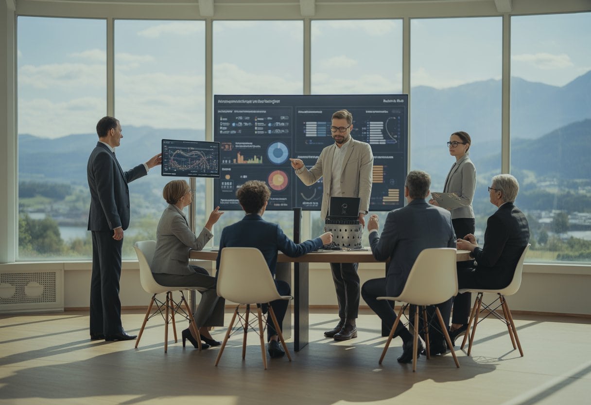 Ein österreichisches Unternehmensteam arbeitet gemeinsam mit digitalen Analysen an der praktischen Einführung von KI.