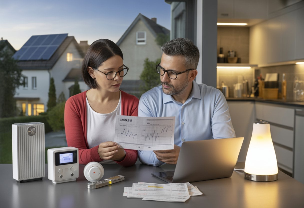 Ein Paar betrachtet zu Hause seine Haushaltsfinanzen neben einem Smart-Meter und Energiespargeräten.