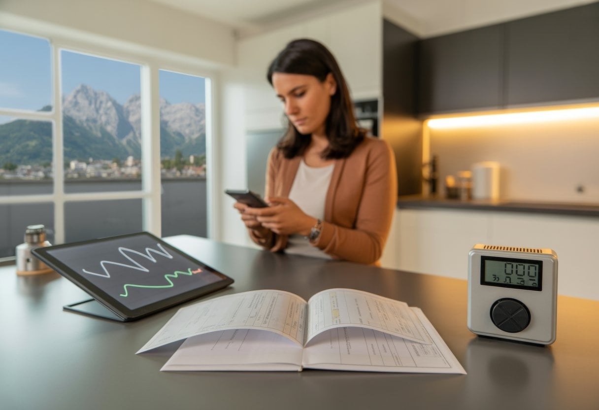 Person prüft Unterlagen zu Strom- und Gaskosten an einem Küchentisch neben Energiemessgerät und Tablet.