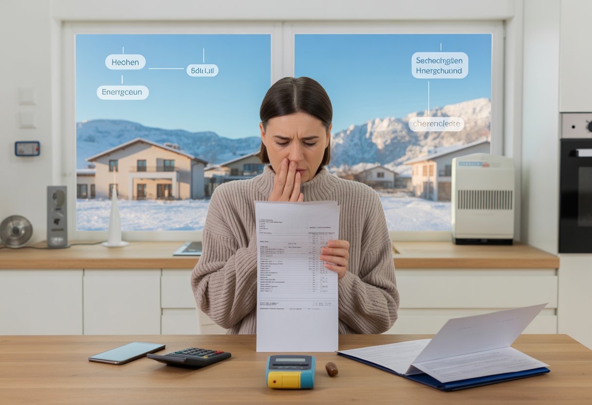 Eine Person prüft besorgt eine hohe Energieabrechnung am Küchentisch einer österreichischen Wohnung.